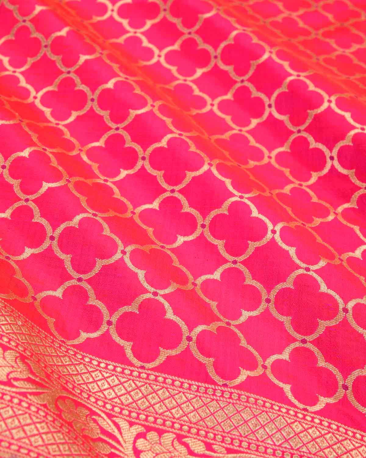 Rani Pink Banarasi Gold Zari Moroccon Grids Cutwork Brocade Handwoven Katan Silk Saree-HolyWeaves