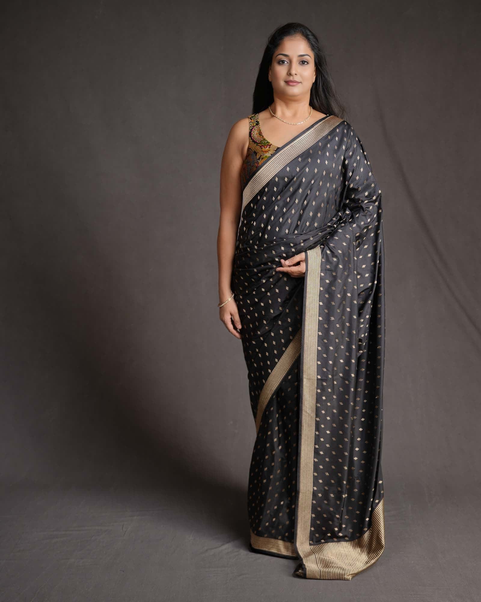 Black Banarasi Gold Zari Contemporary Cutwork Brocade Handwoven Katan Silk Saree with Brocade Blouse-HolyWeaves