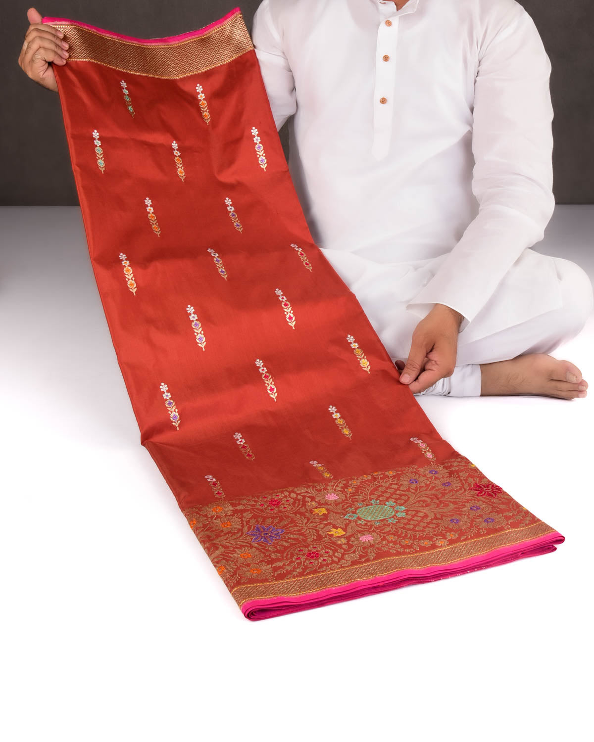 Rust Banarasi Gold Zari & Meenekari Kadhuan Brocade Handwoven Katan Silk Saree-HolyWeaves