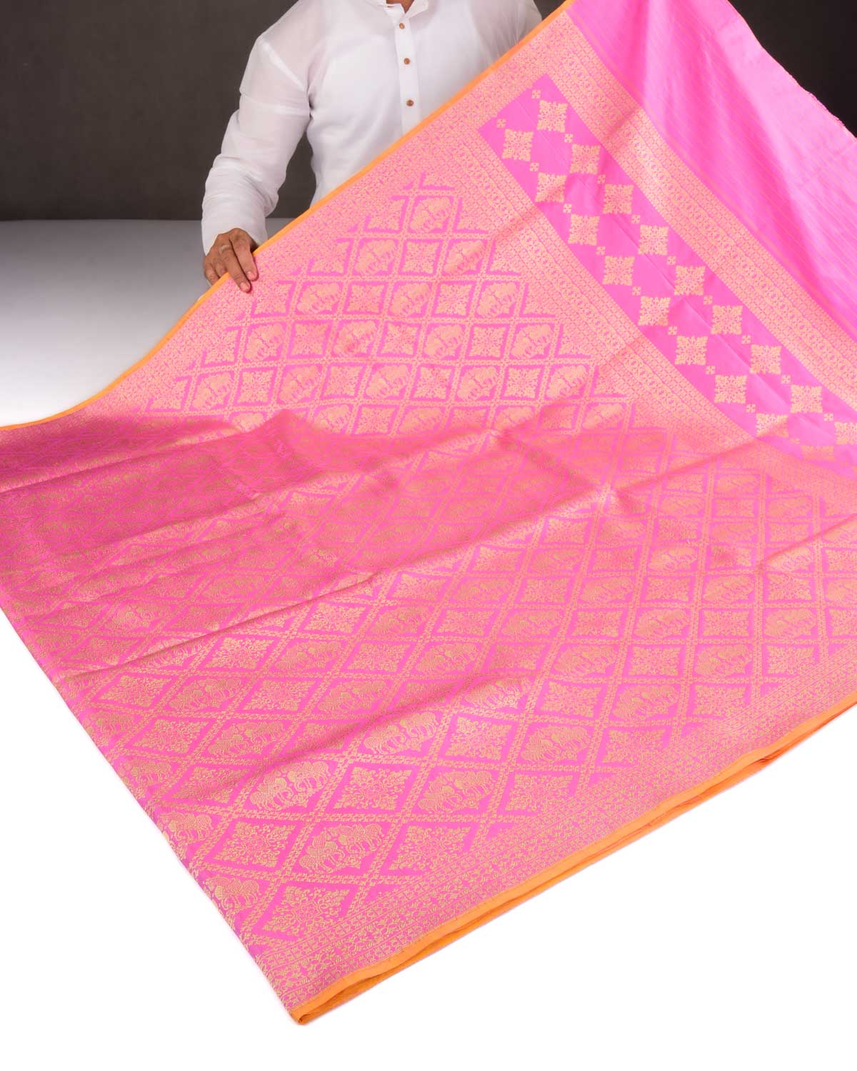 Pink Banarasi Gold Zari Horses Buta Brocade Handwoven Katan Silk Saree-HolyWeaves