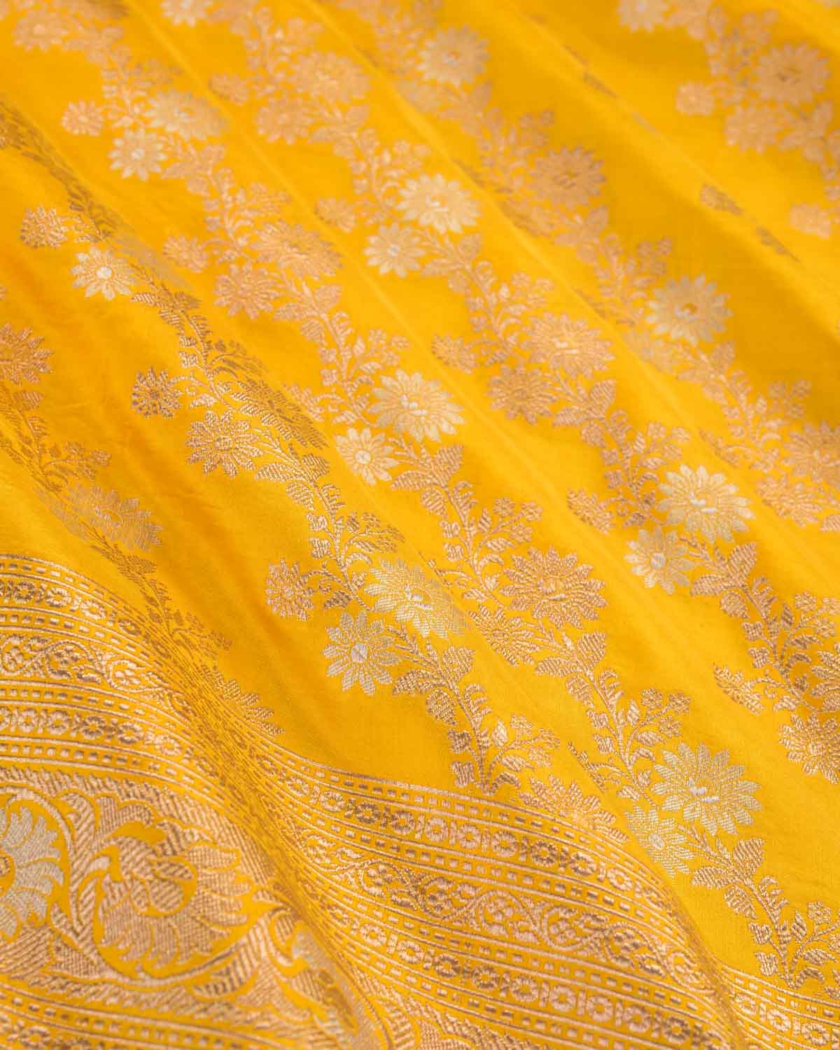 Yellow Banarasi Gold & Silver Zari Alfi Leheriya Jaal Cutwork Brocade Handwoven Katan Silk Saree-HolyWeaves