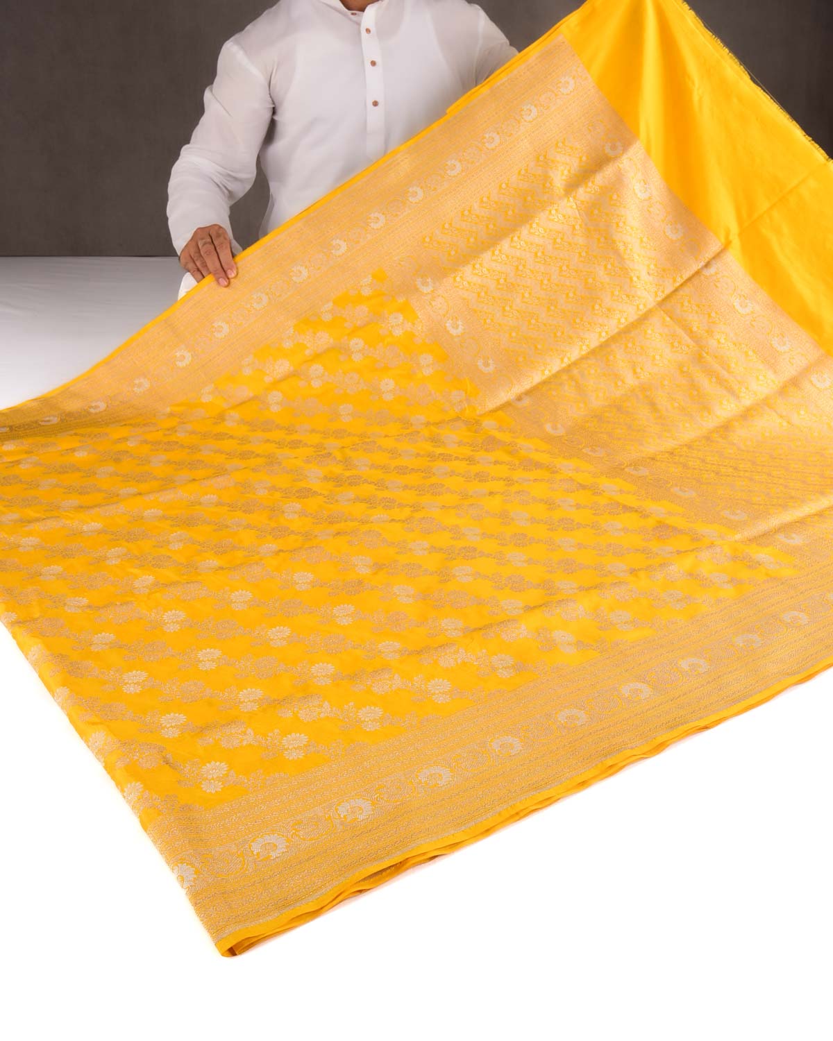 Yellow Banarasi Gold & Silver Zari Alfi Leheriya Jaal Cutwork Brocade Handwoven Katan Silk Saree-HolyWeaves