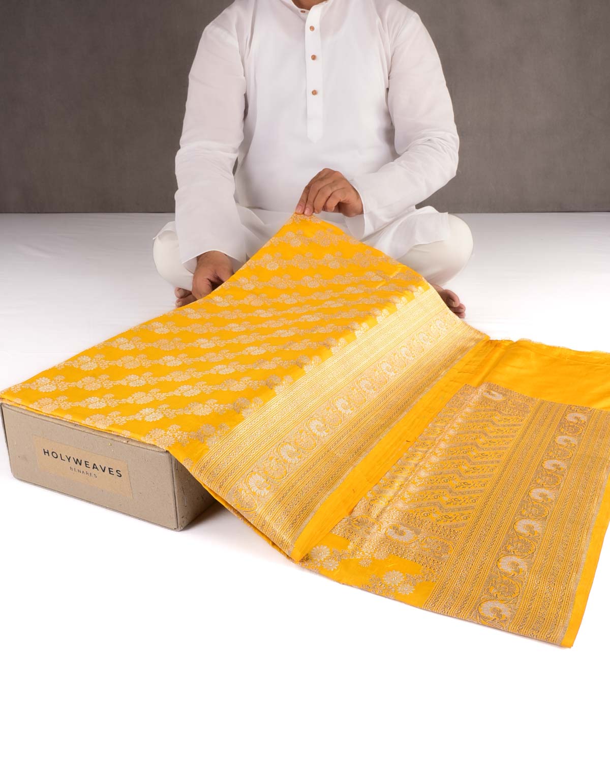 Yellow Banarasi Gold & Silver Zari Alfi Leheriya Jaal Cutwork Brocade Handwoven Katan Silk Saree-HolyWeaves