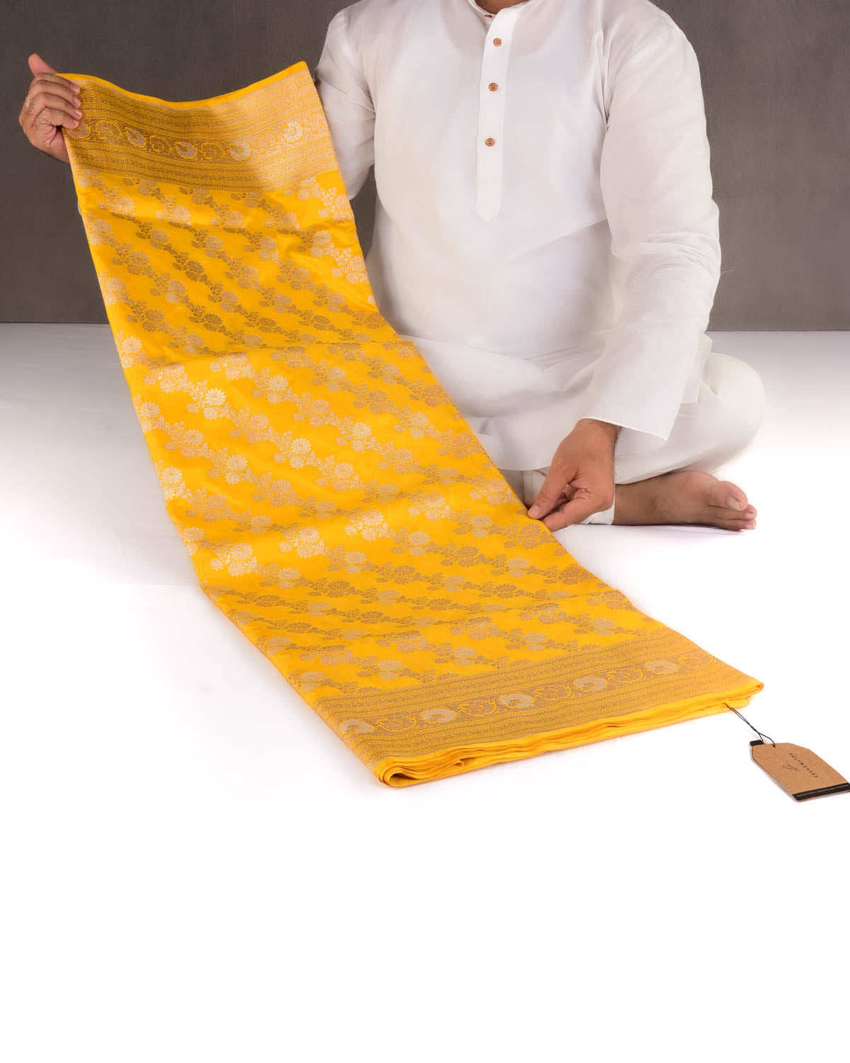 Yellow Banarasi Gold & Silver Zari Alfi Leheriya Jaal Cutwork Brocade Handwoven Katan Silk Saree-HolyWeaves