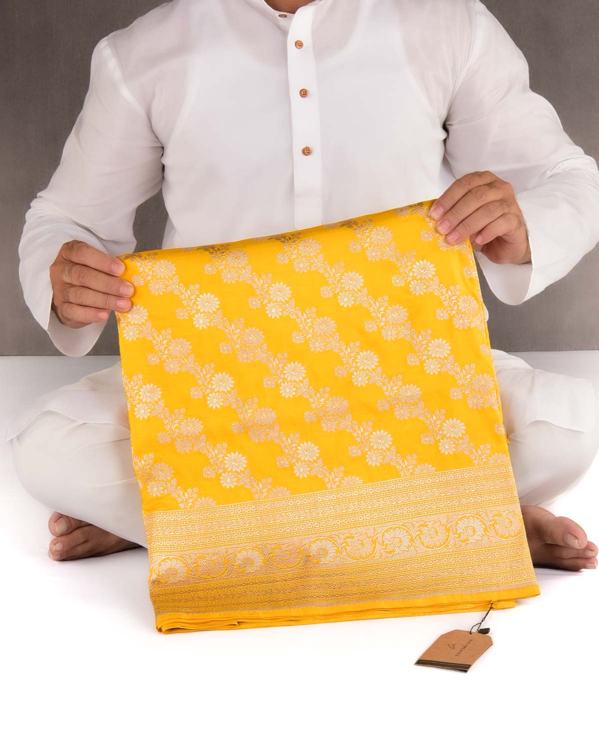 Yellow Banarasi Gold & Silver Zari Alfi Leheriya Jaal Cutwork Brocade Handwoven Katan Silk Saree-HolyWeaves