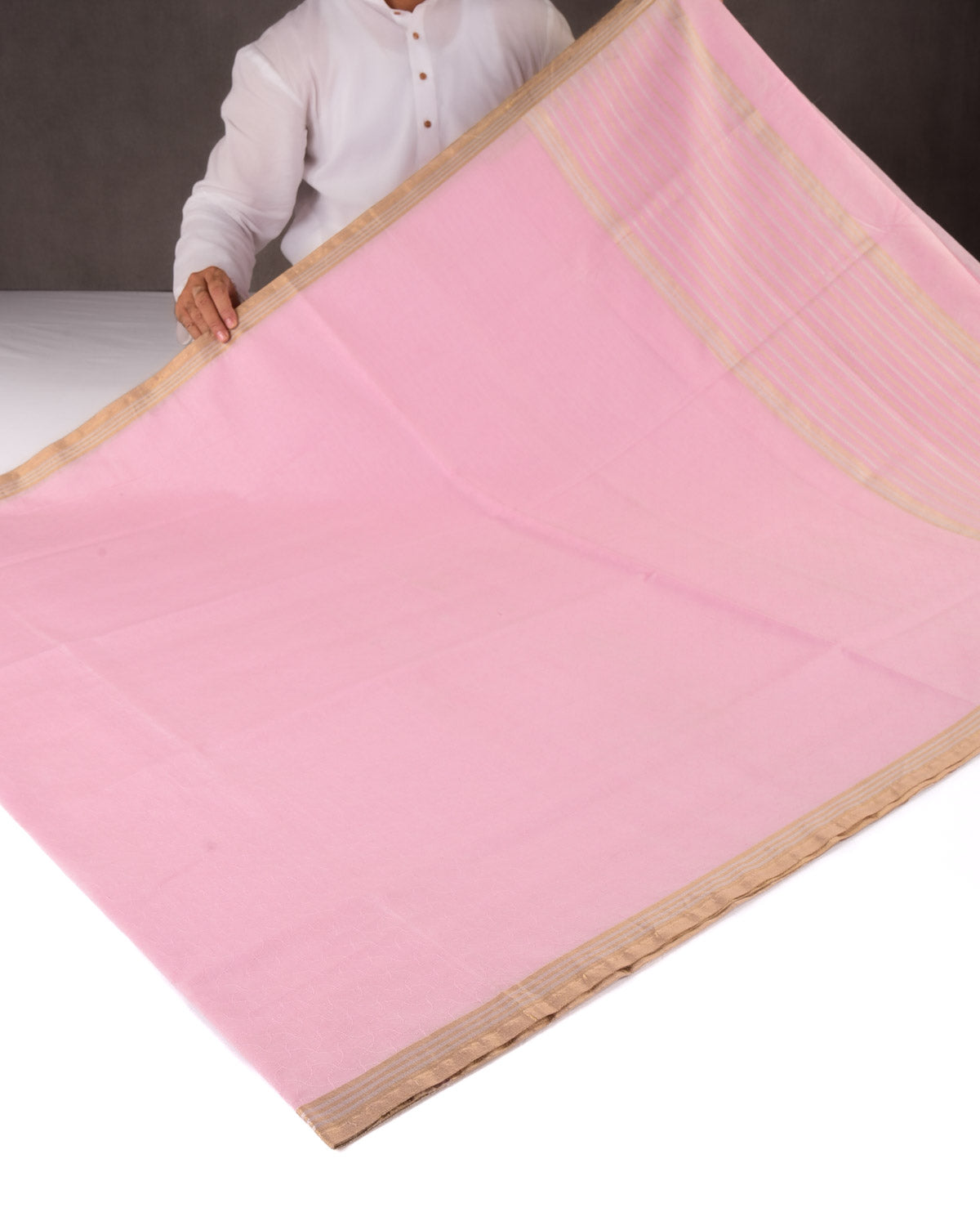 Cherry Blossom Pink Banarasi Watermark Geometric Tanchoi Woven Cotton Silk Saree with Gold & Silver Zari Border Pallu-HolyWeaves