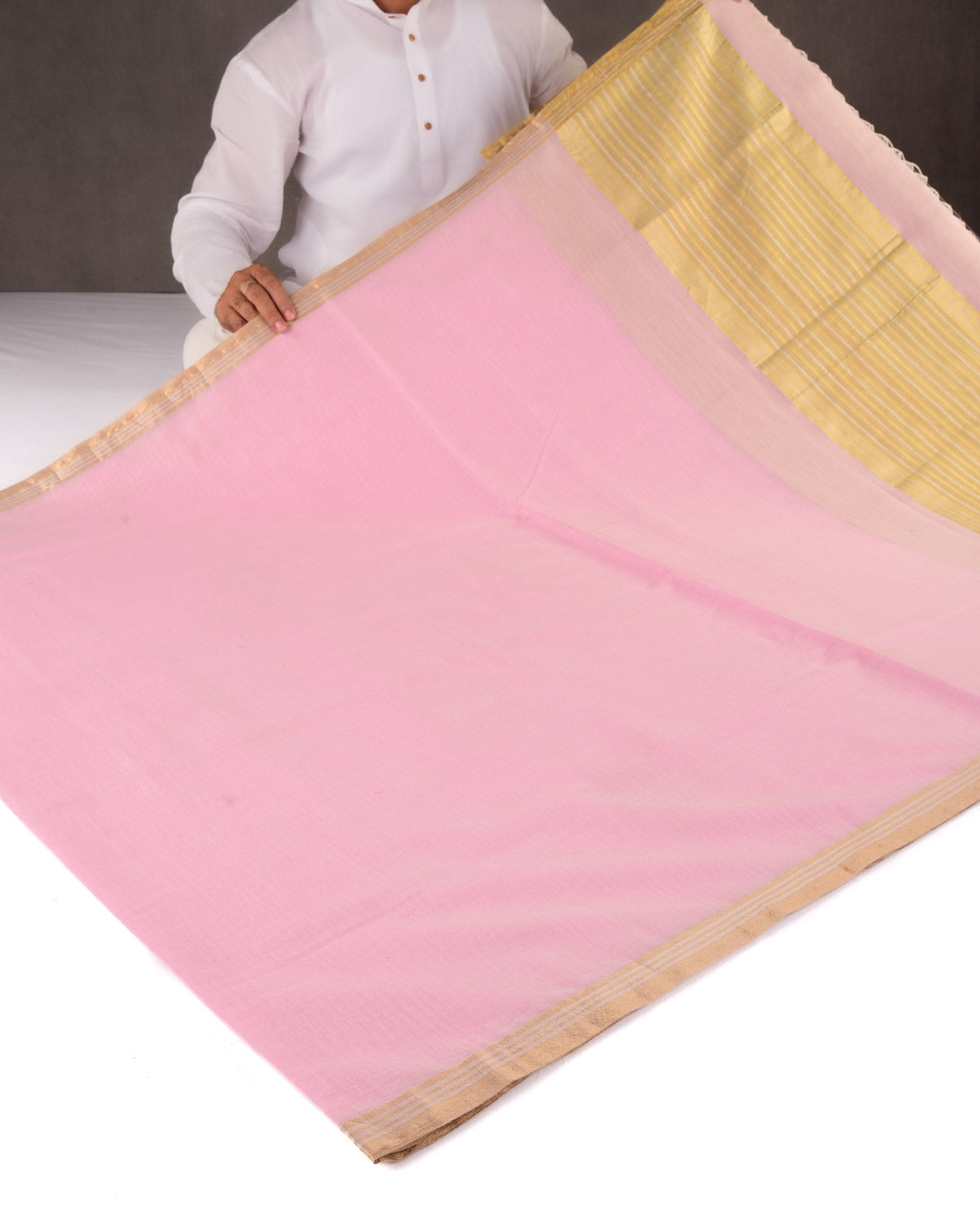 Cherry Blossom Pink Banarasi Watermark Geometric Tanchoi Woven Cotton Silk Saree with Gold & Silver Zari Border Pallu-HolyWeaves