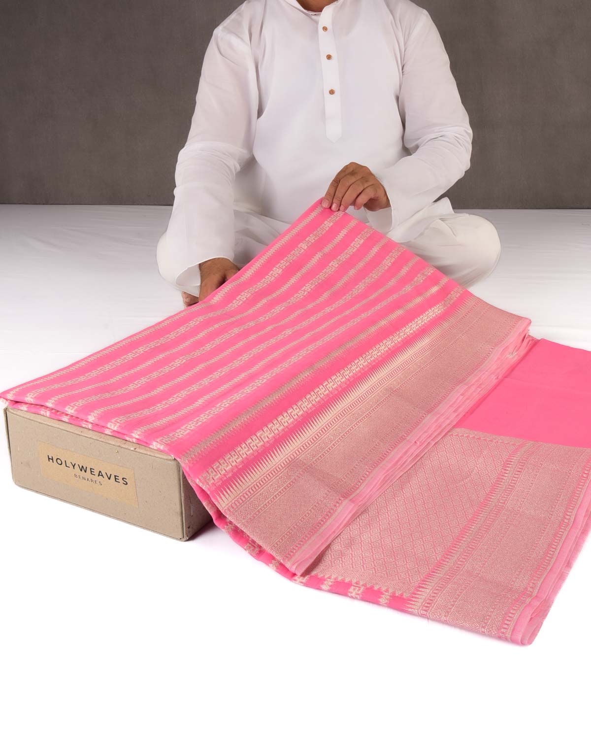 Powder Pink Banarasi Light Gold Zari Ornament Stripes Cutwork Brocade Woven Art Cotton Silk Saree-HolyWeaves