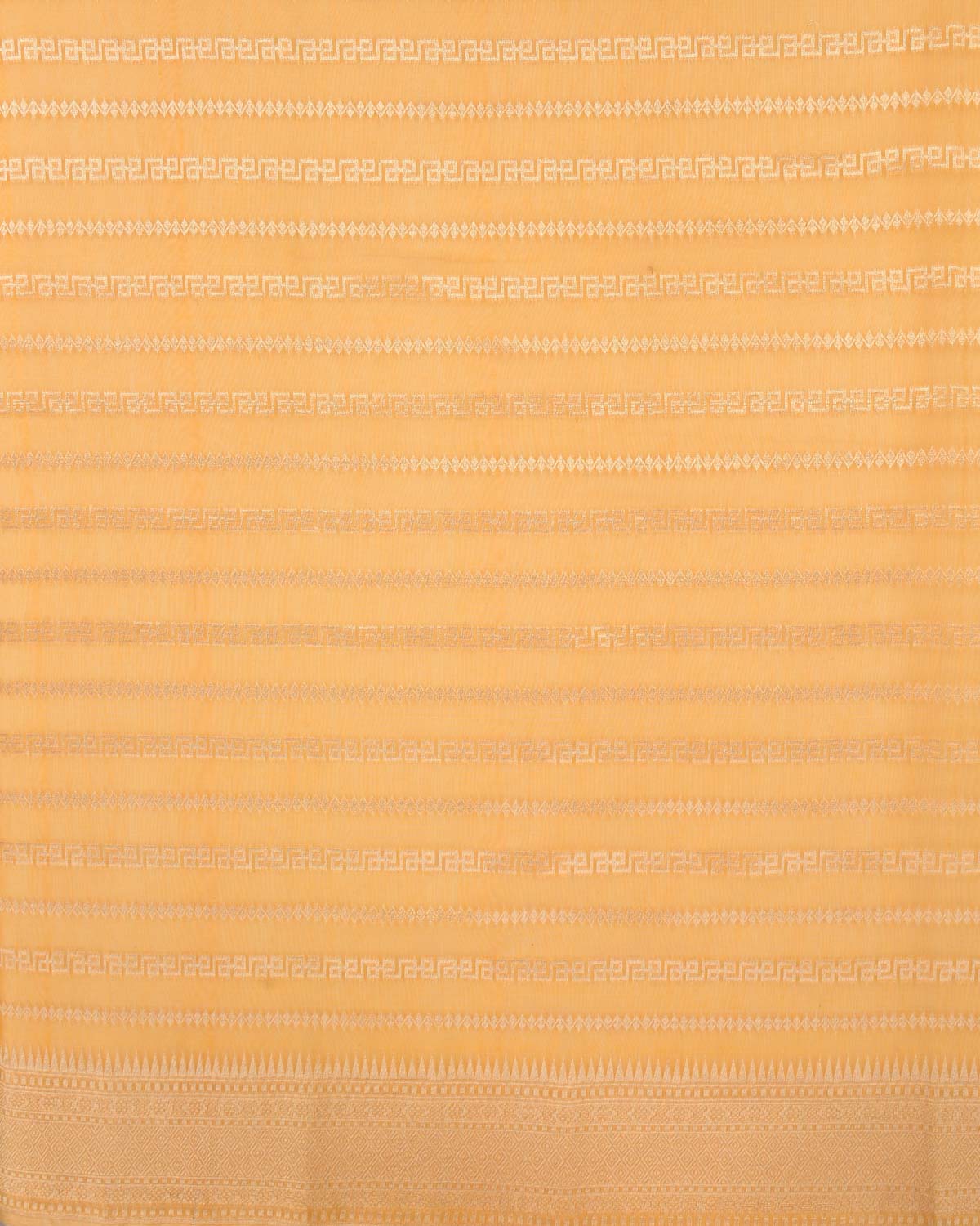 Yellow Orange Banarasi Light Gold Zari Ornament Stripes Cutwork Brocade Woven Art Cotton Silk Saree-HolyWeaves