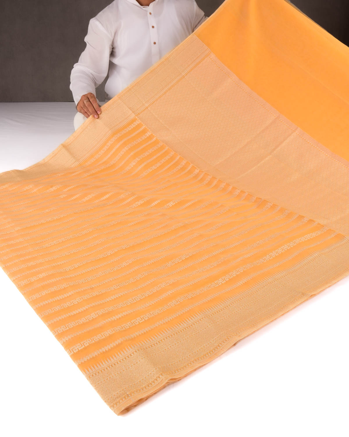 Yellow Orange Banarasi Light Gold Zari Ornament Stripes Cutwork Brocade Woven Art Cotton Silk Saree-HolyWeaves