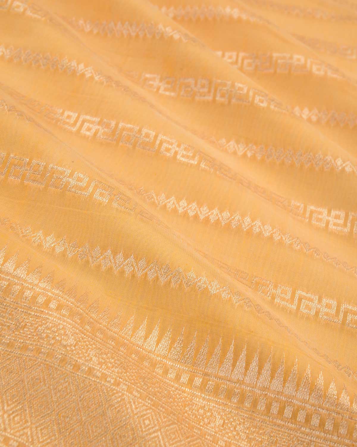 Yellow Orange Banarasi Light Gold Zari Ornament Stripes Cutwork Brocade Woven Art Cotton Silk Saree-HolyWeaves