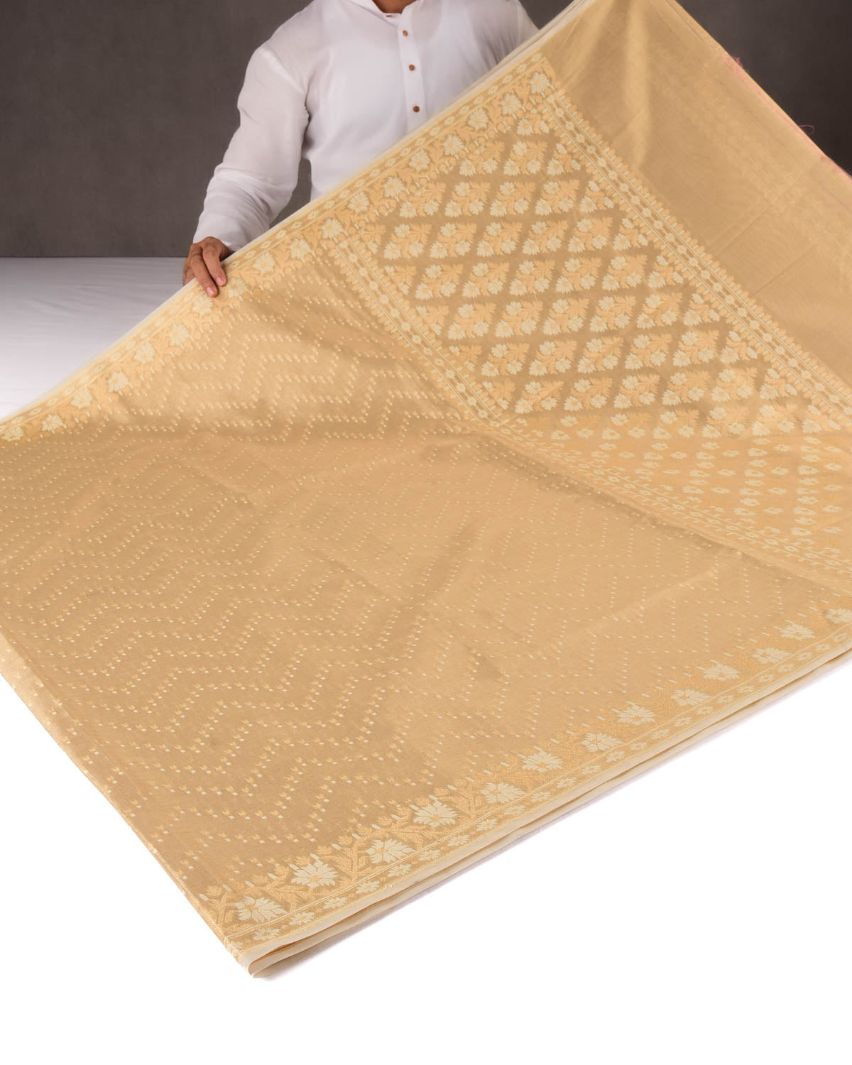 Metallic Gold Banarasi Gold Zari Ornament Chevron Cutwork Brocade Woven Art Cotton Tissue Saree-HolyWeaves