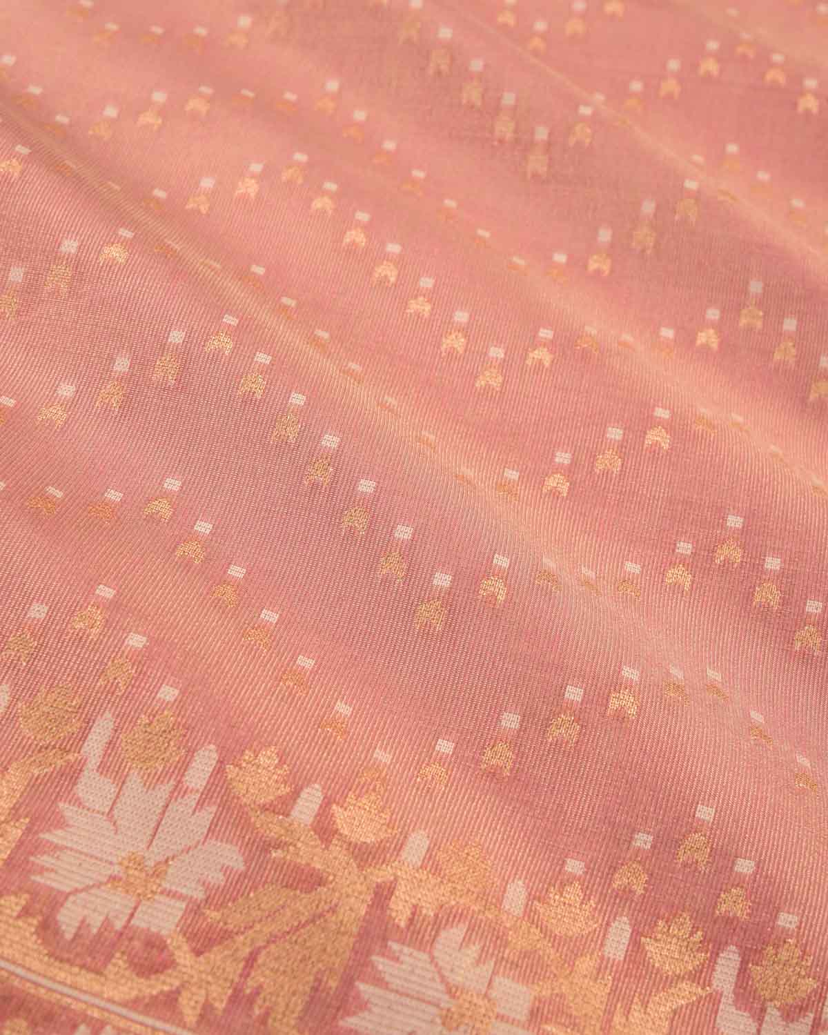 Metallic Pink Banarasi Gold Zari Ornament Chevron Cutwork Brocade Woven Art Cotton Tissue Saree-HolyWeaves