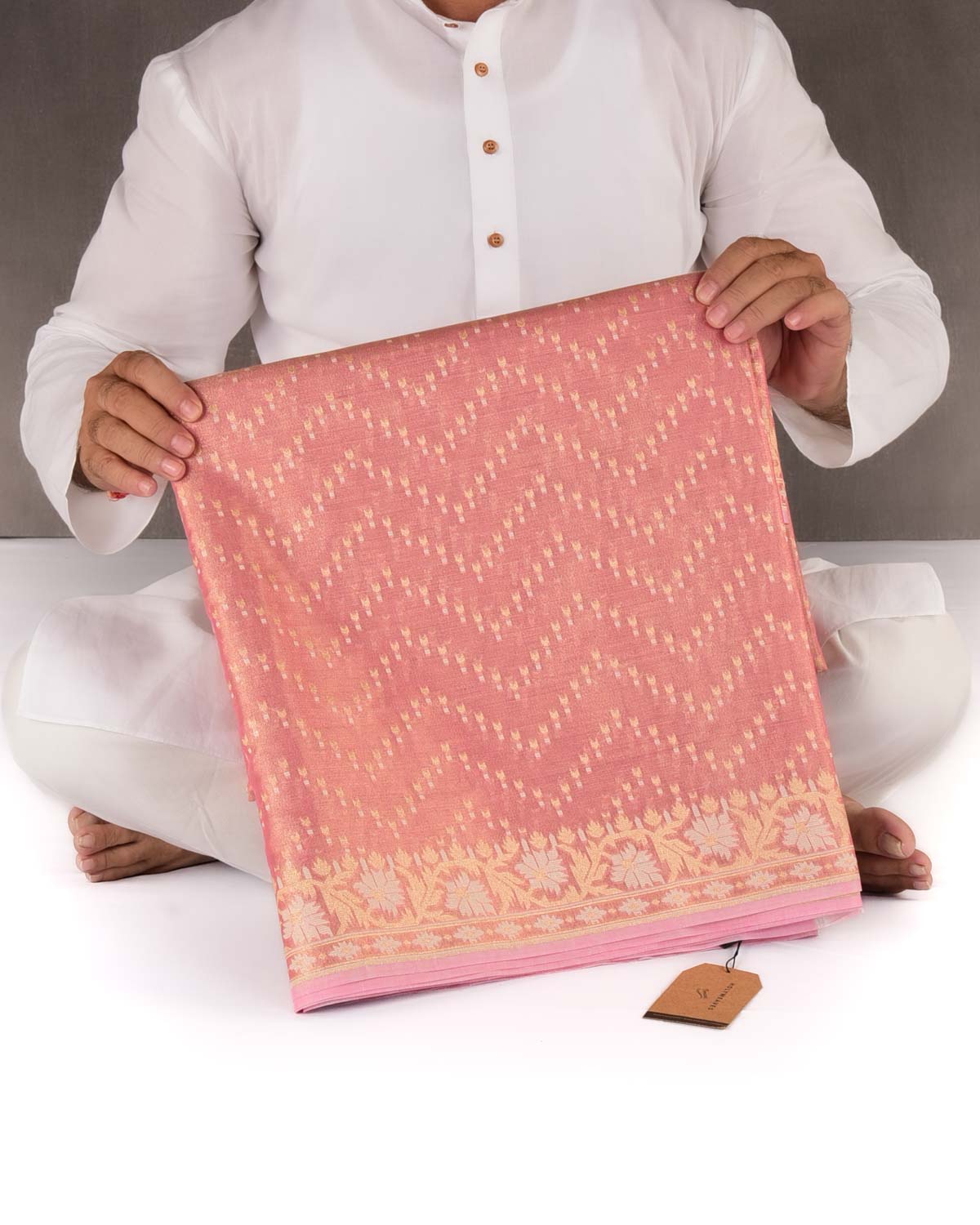 Metallic Pink Banarasi Gold Zari Ornament Chevron Cutwork Brocade Woven Art Cotton Tissue Saree-HolyWeaves