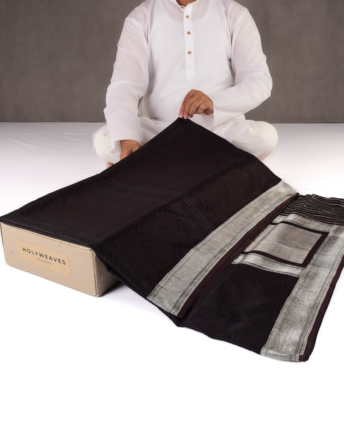 Black Coffee Brown Banarasi Norturnal Bats Tanchoi Handwoven Katan Silk Saree-HolyWeaves