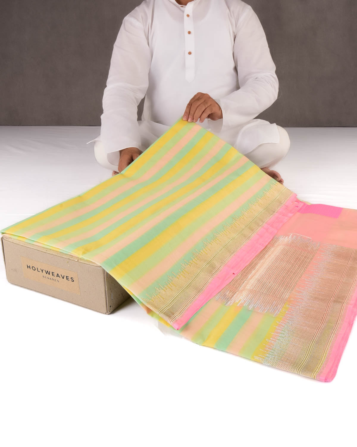 Multi-color Candy Stripes Kadhuan Brocade Handwoven Kora Silk Saree-HolyWeaves