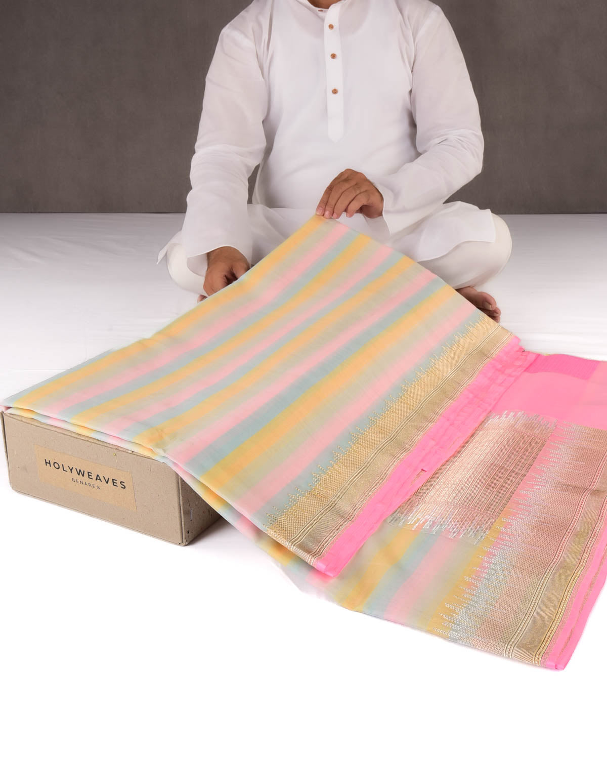 Pink Multi-color Candy Stripes Kadhuan Brocade Handwoven Kora Silk Saree-HolyWeaves