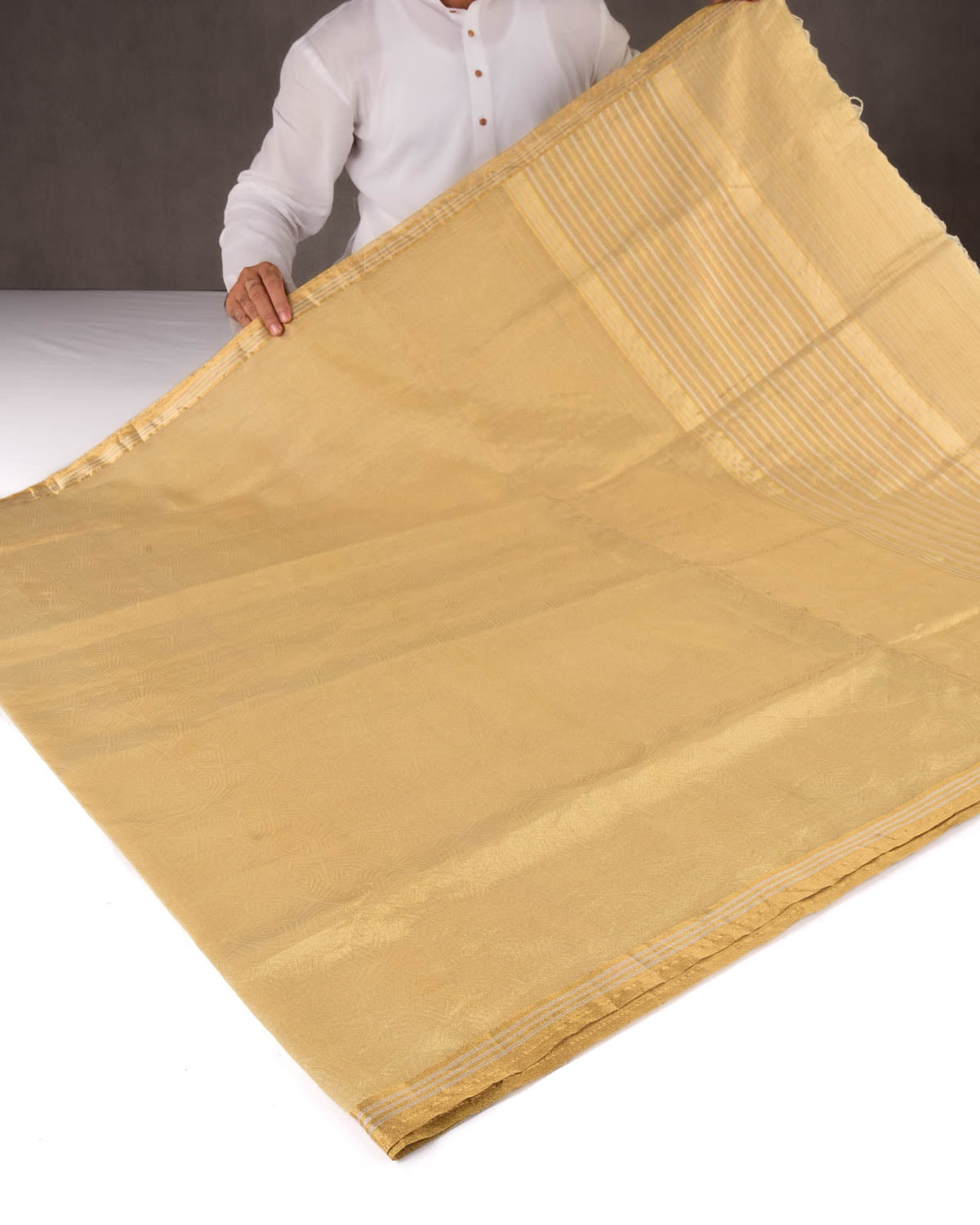 Metallic Gold Watermark Illusion Tanchoi Woven Banarasi Kora Tissue Saree-HolyWeaves