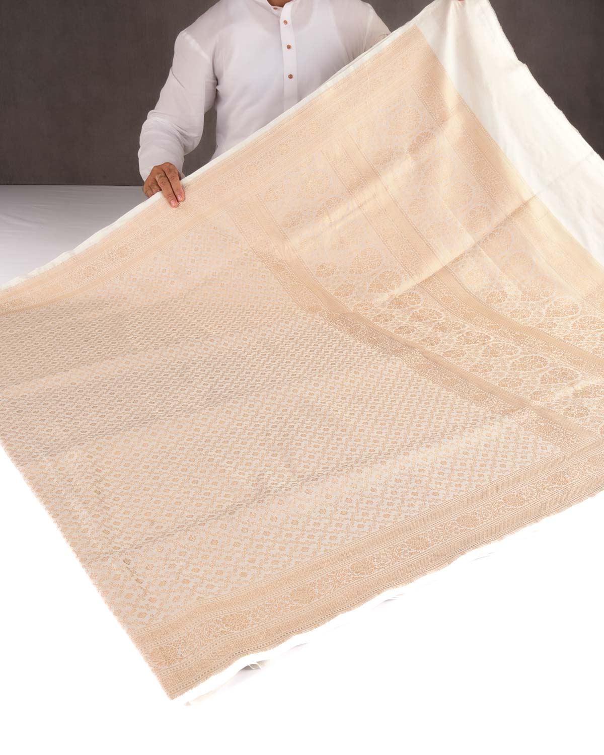 Ivory White Gold Zari Jangla Cutwork Brocade Handwoven Banarasi Katan Silk Saree-HolyWeaves