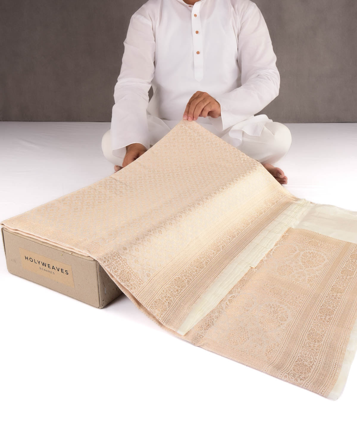 Ivory White Gold Zari Jangla Cutwork Brocade Handwoven Banarasi Katan Silk Saree-HolyWeaves