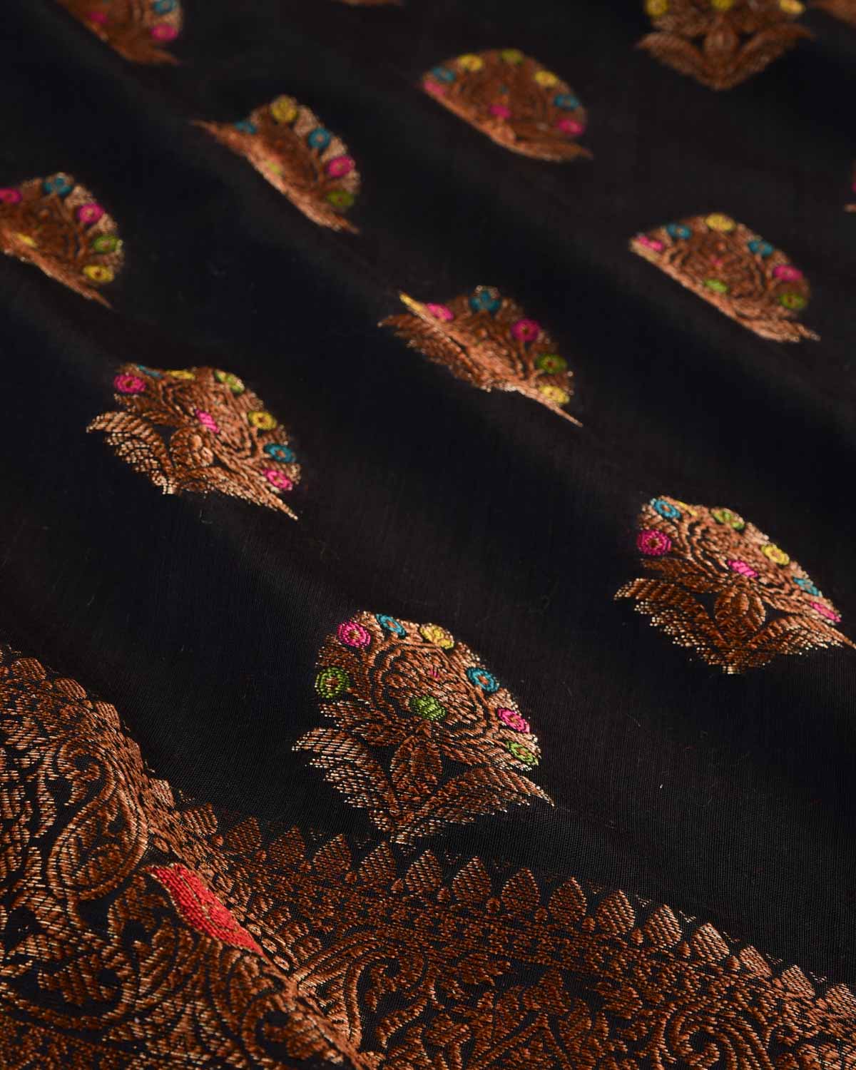 Black Banarasi Antique Zari Buta Cutwork Brocade Woven Cotton Silk Saree-HolyWeaves