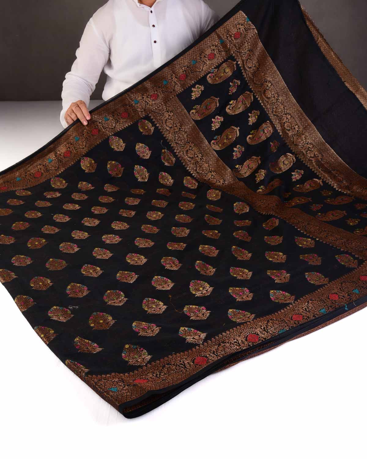 Black Banarasi Antique Zari Buta Cutwork Brocade Woven Cotton Silk Saree-HolyWeaves