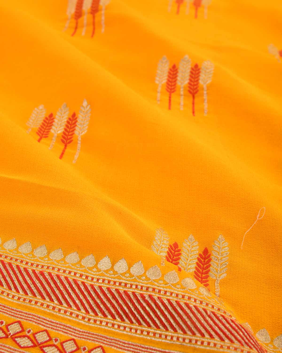 Yellow Banarasi Gold Zari And Red Resham Cutwork Brocade Handwoven Khaddi Georgette Saree-HolyWeaves