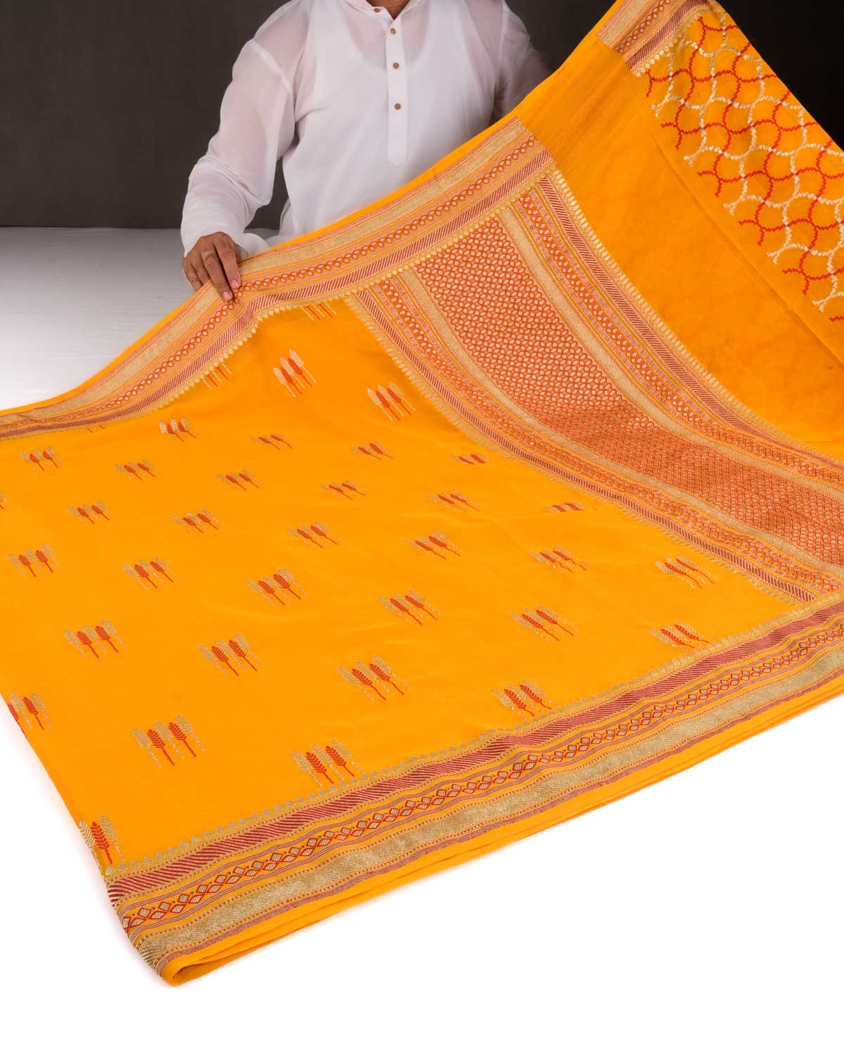 Yellow Banarasi Gold Zari And Red Resham Cutwork Brocade Handwoven Khaddi Georgette Saree-HolyWeaves