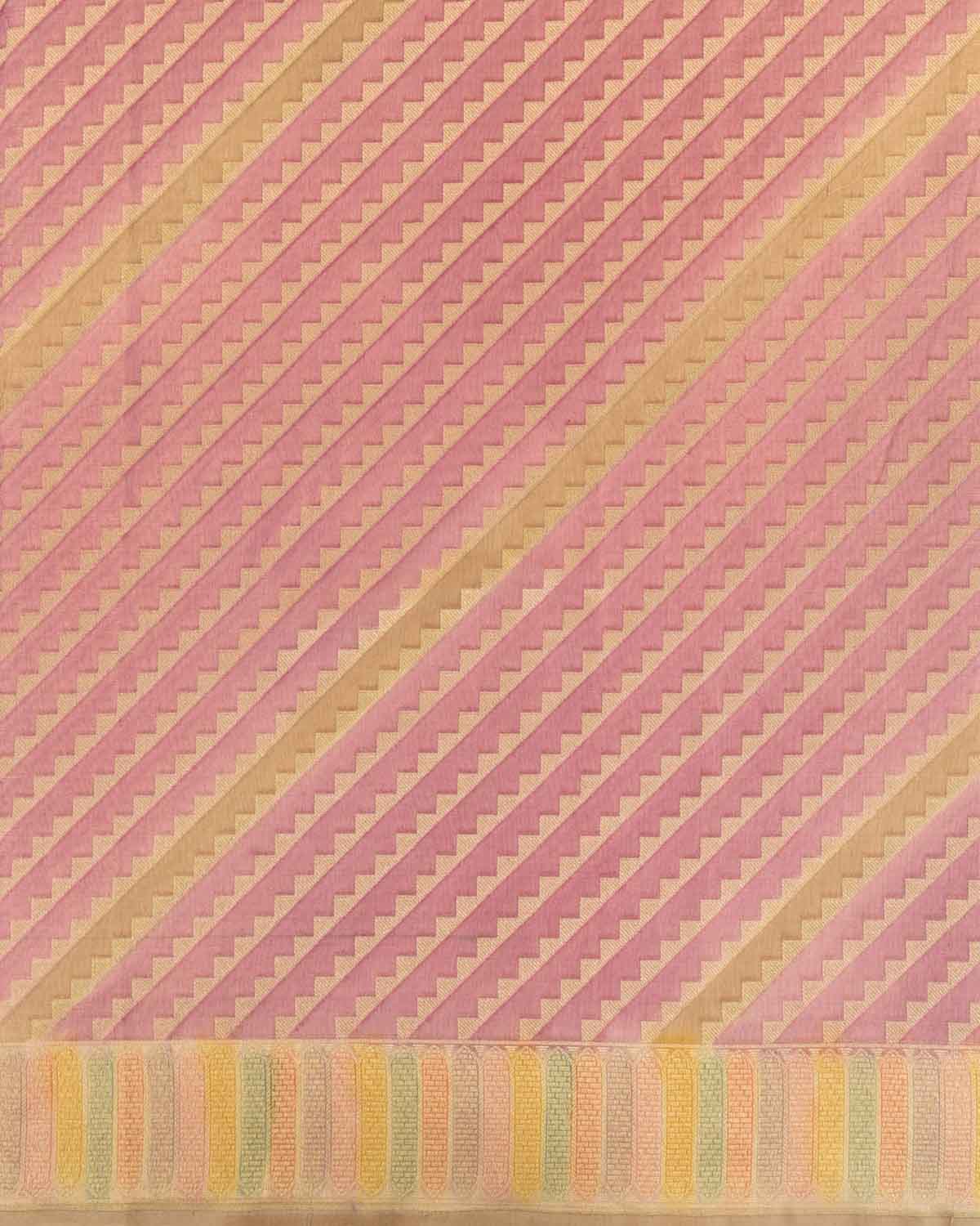 Handbrush Mauve Banarasi Gold Zari Serrated Diagonal Stripes Cutwork Brocade Woven Cotton Tissue Saree-HolyWeaves