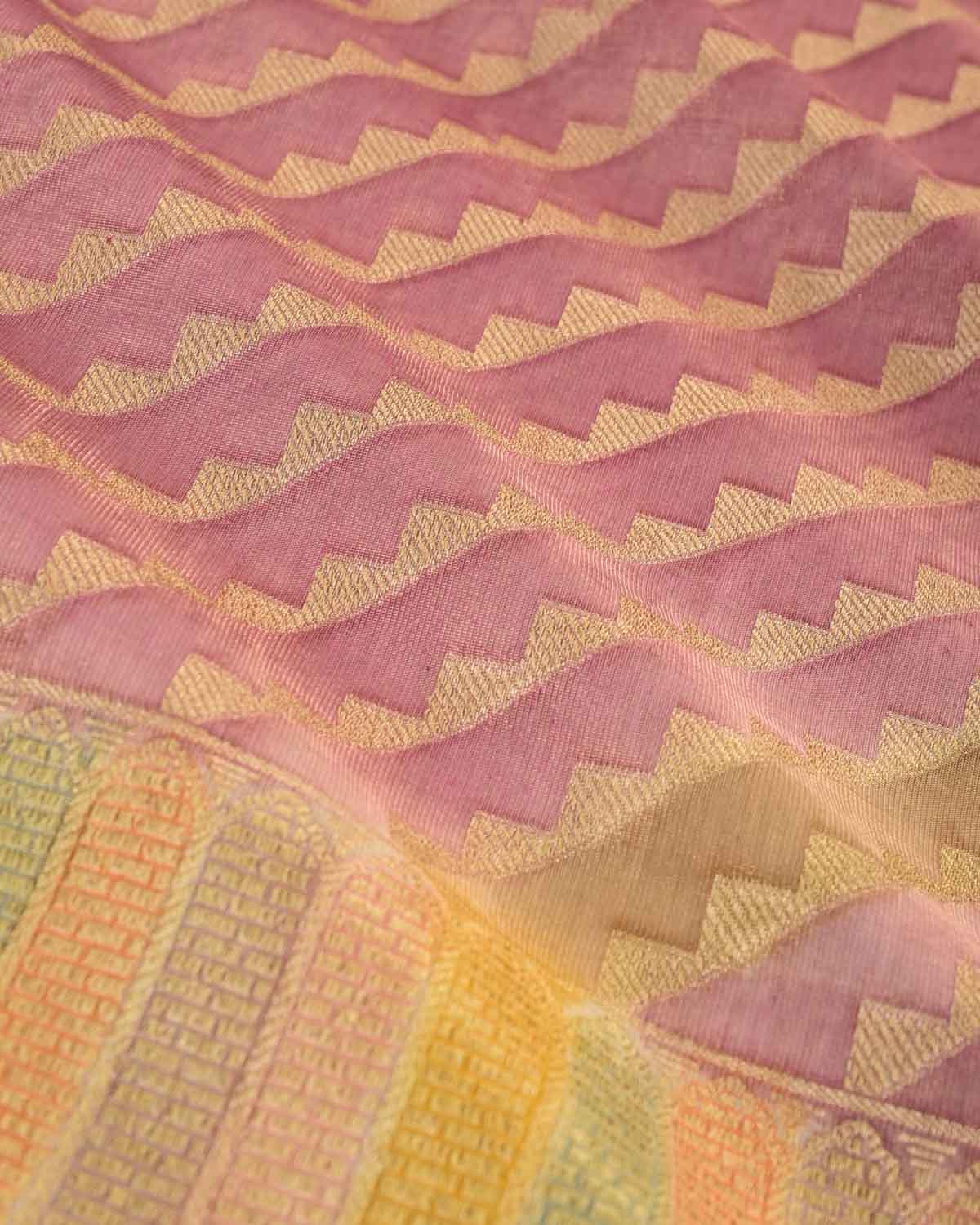 Handbrush Mauve Banarasi Gold Zari Serrated Diagonal Stripes Cutwork Brocade Woven Cotton Tissue Saree-HolyWeaves