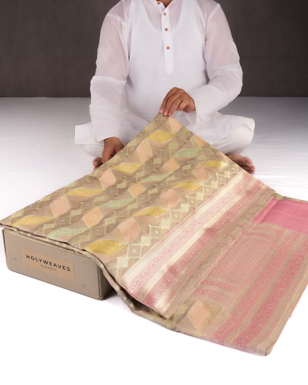 Handbrush Beige Banarasi Color Block Gold Zari Cutwork Brocade Handwoven Kora Silk Saree-HolyWeaves