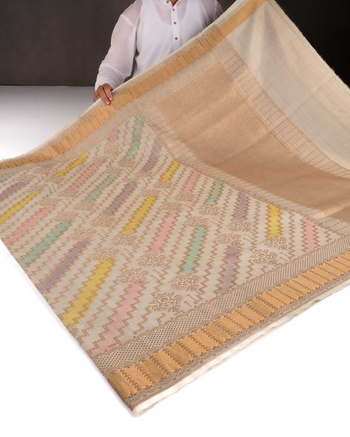 Handbrush Beige Banarasi Color Block Gold Zari Cutwork Brocade Handwoven Tasar Silk Saree-HolyWeaves