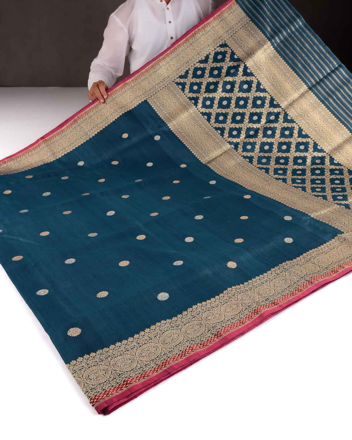 Teal Blue Banarasi Gold & Silver Zari Buti Kadhuan Brocade Handwoven Tasar Silk Saree-HolyWeaves