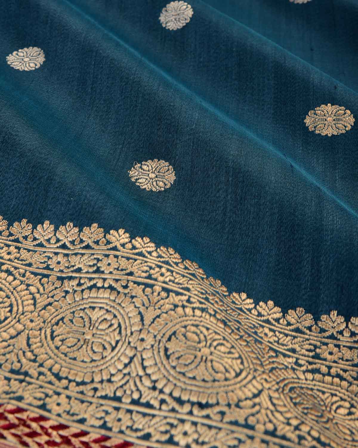 Teal Blue Banarasi Gold & Silver Zari Buti Kadhuan Brocade Handwoven Tasar Silk Saree-HolyWeaves