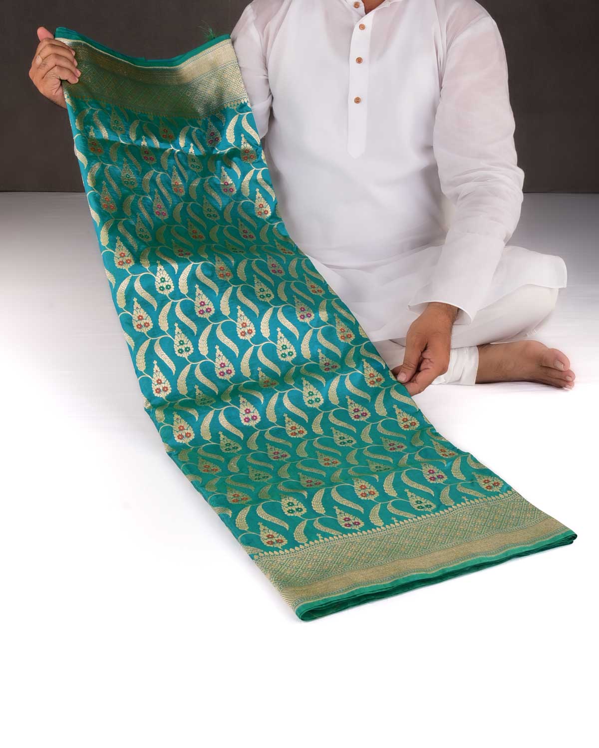 Shot Blue-Green Banarasi Gold Zari Jaal Cutwork Brocade Handwoven Katan Silk Saree-HolyWeaves