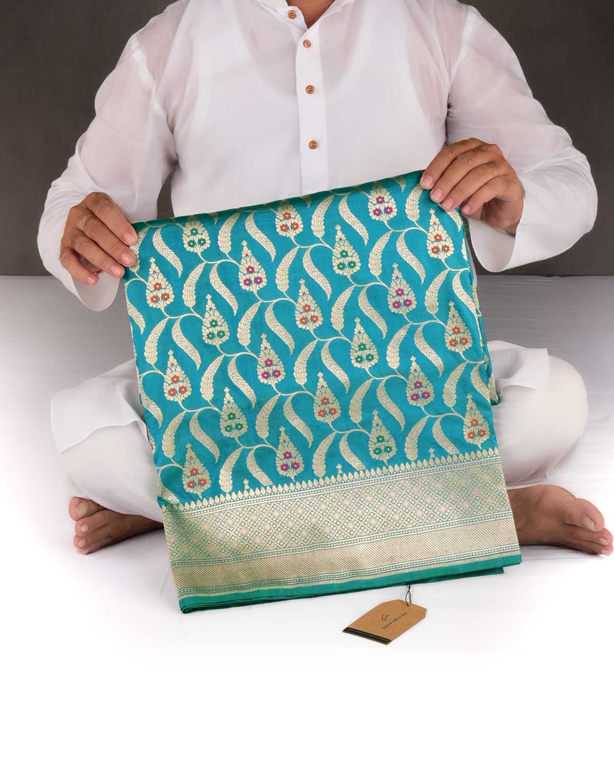 Shot Blue-Green Banarasi Gold Zari Jaal Cutwork Brocade Handwoven Katan Silk Saree-HolyWeaves