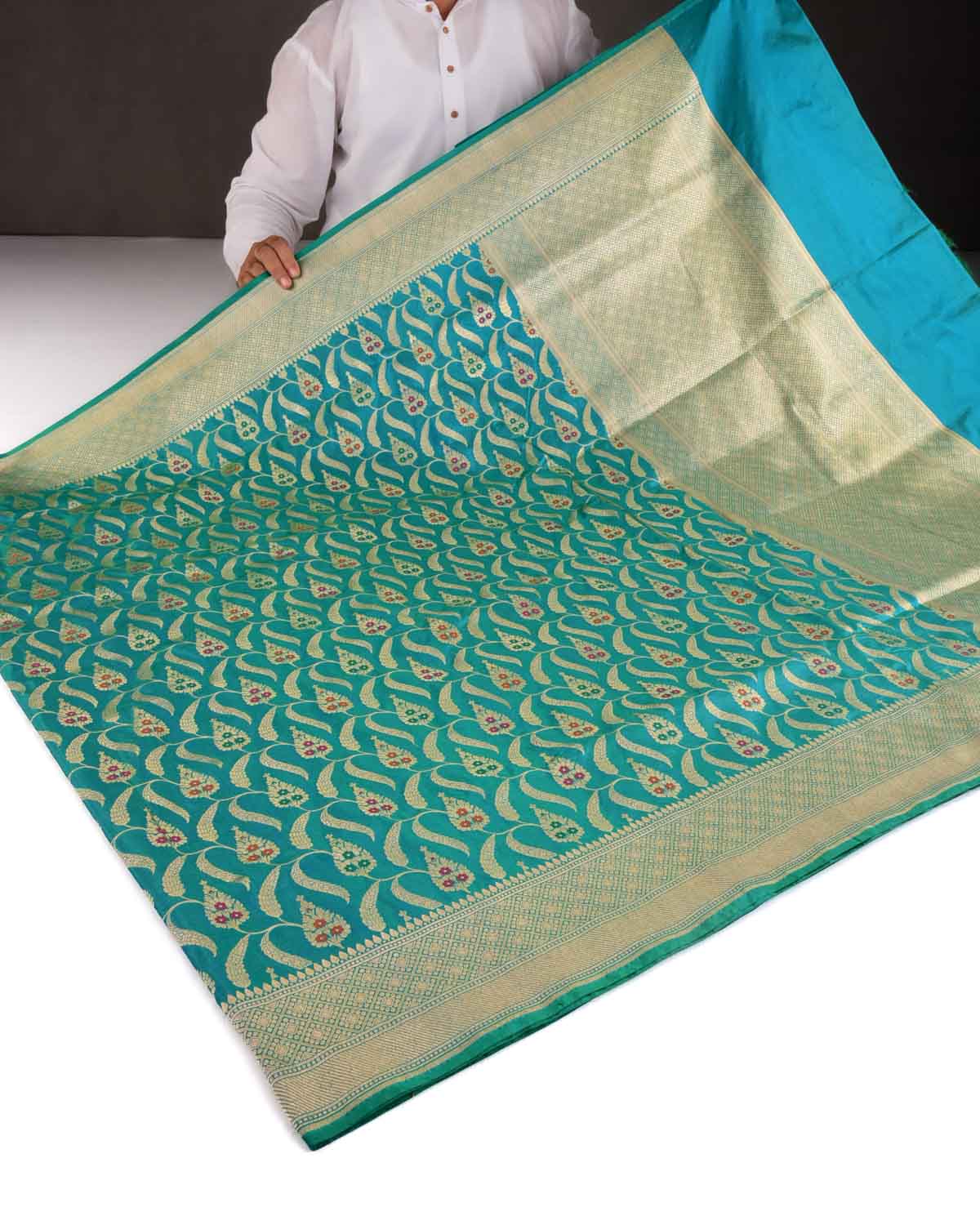 Shot Blue-Green Banarasi Gold Zari Jaal Cutwork Brocade Handwoven Katan Silk Saree-HolyWeaves