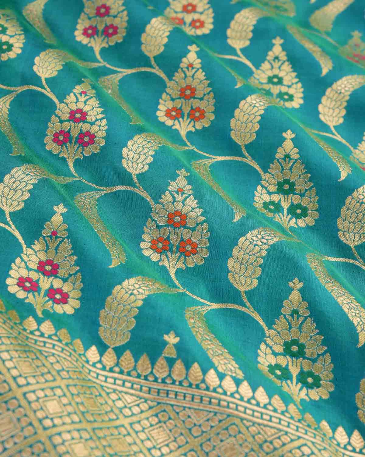 Shot Blue-Green Banarasi Gold Zari Jaal Cutwork Brocade Handwoven Katan Silk Saree-HolyWeaves