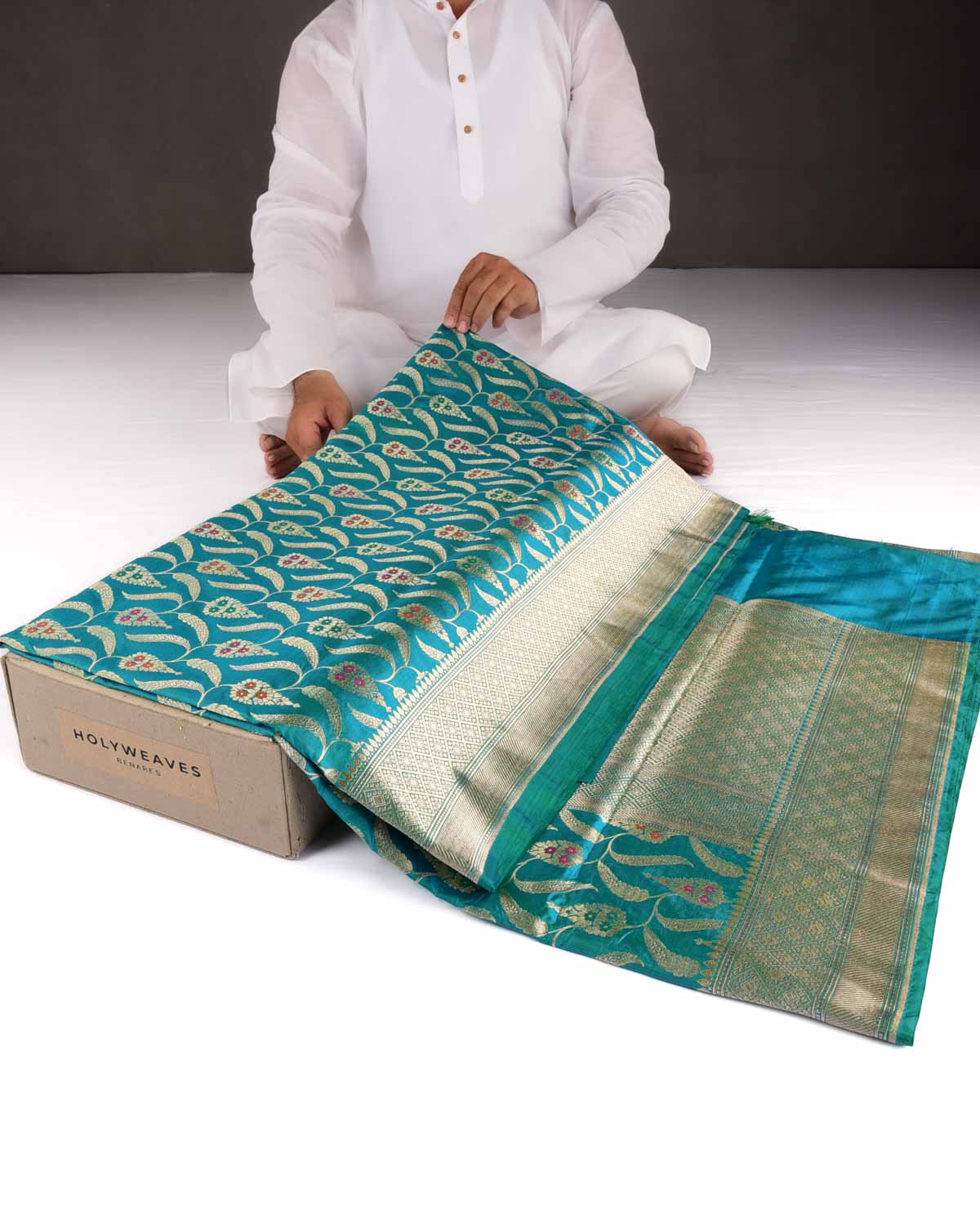 Shot Blue-Green Banarasi Gold Zari Jaal Cutwork Brocade Handwoven Katan Silk Saree-HolyWeaves