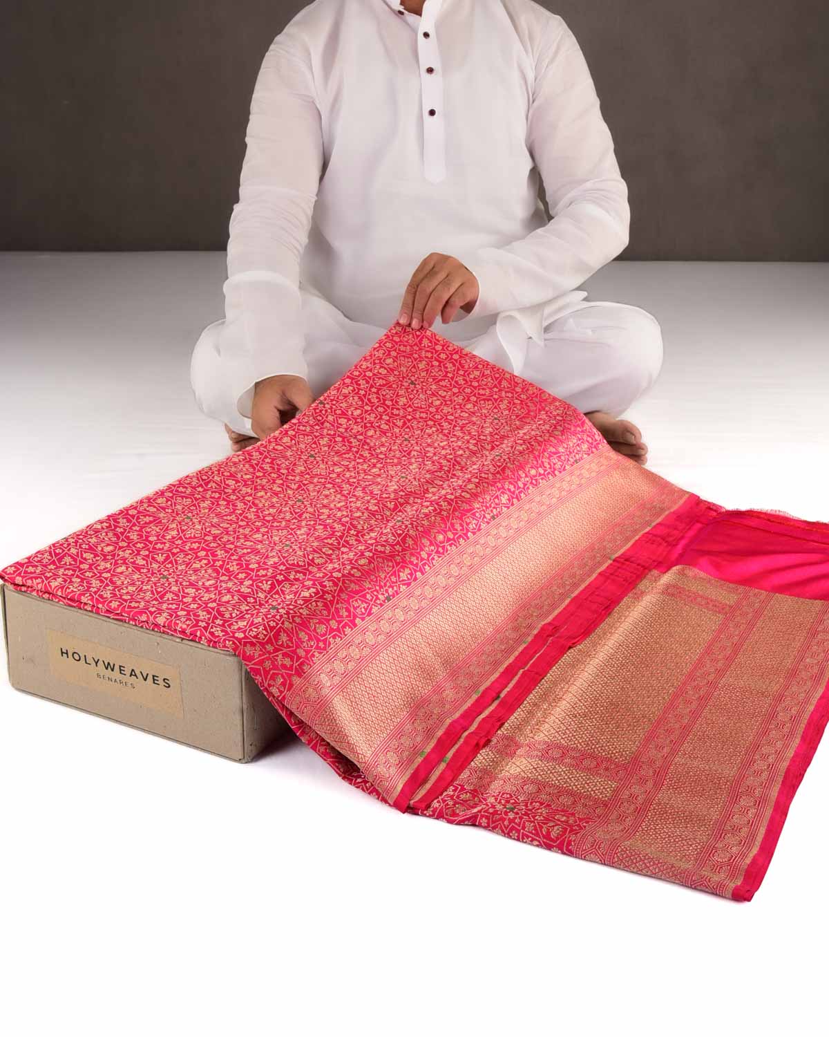 Shot Red-Pink Banarasi Gold Zari & Meenekari Brocade Handwoven Katan Silk Saree-HolyWeaves