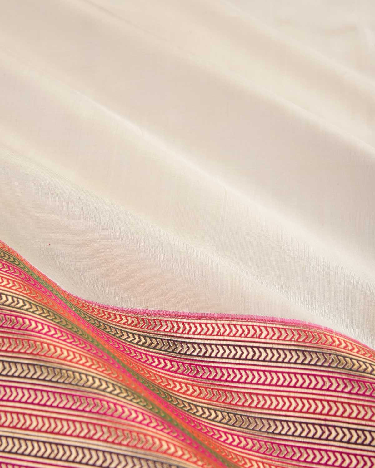 Cream Banarasi Brocade Handwoven Katan Silk Saree with Multi-color Border Pallu-HolyWeaves