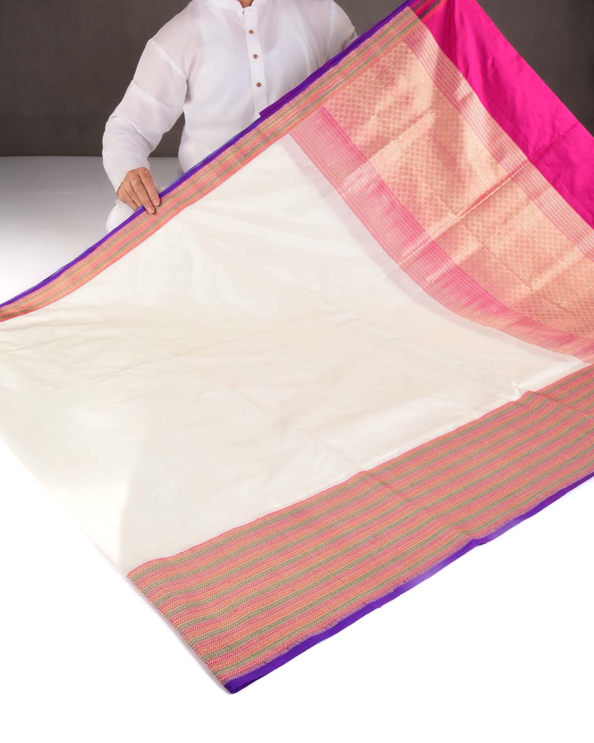 Cream Banarasi Brocade Handwoven Katan Silk Saree with Multi-color Border Pallu-HolyWeaves