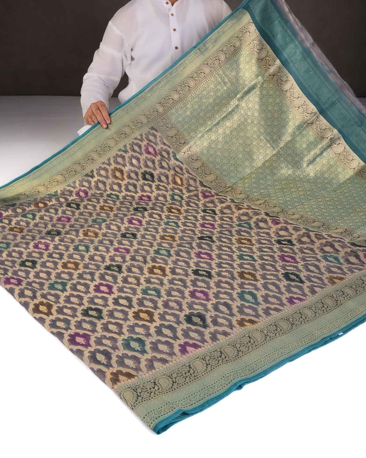 Gray Hand Brush Dye Gold Zari Cutwork Brocade Handwoven Kora Silk Banarasi Saree-HolyWeaves