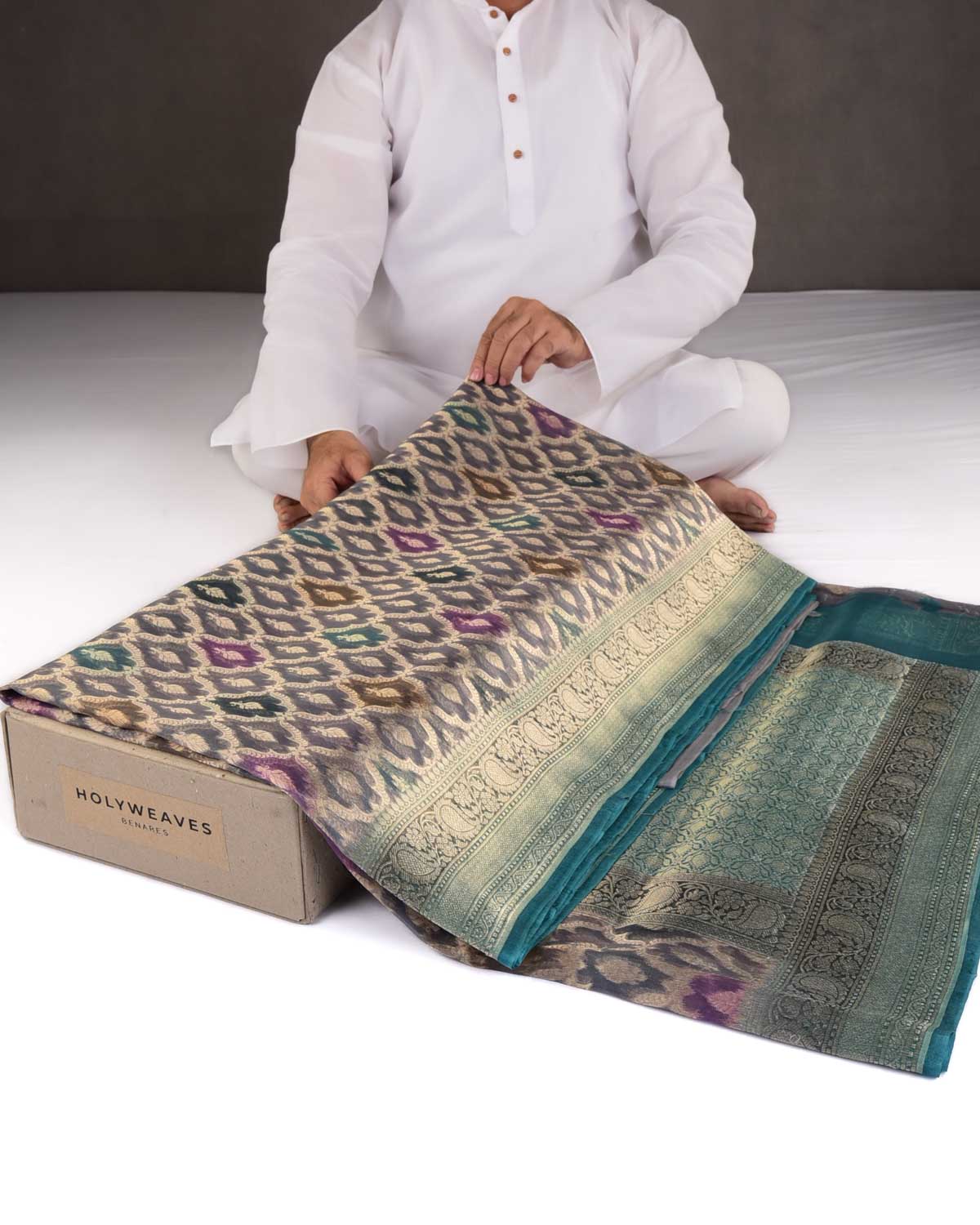 Gray Hand Brush Dye Gold Zari Cutwork Brocade Handwoven Kora Silk Banarasi Saree-HolyWeaves