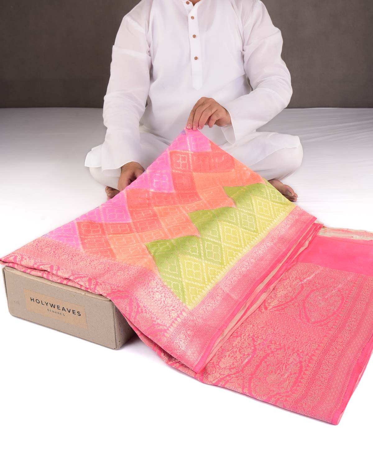 Multi-color Hand Brush Colorblock & Gold Zari Grids Cutwork Brocade Handwoven Spun Silk Banarasi Saree-HolyWeaves