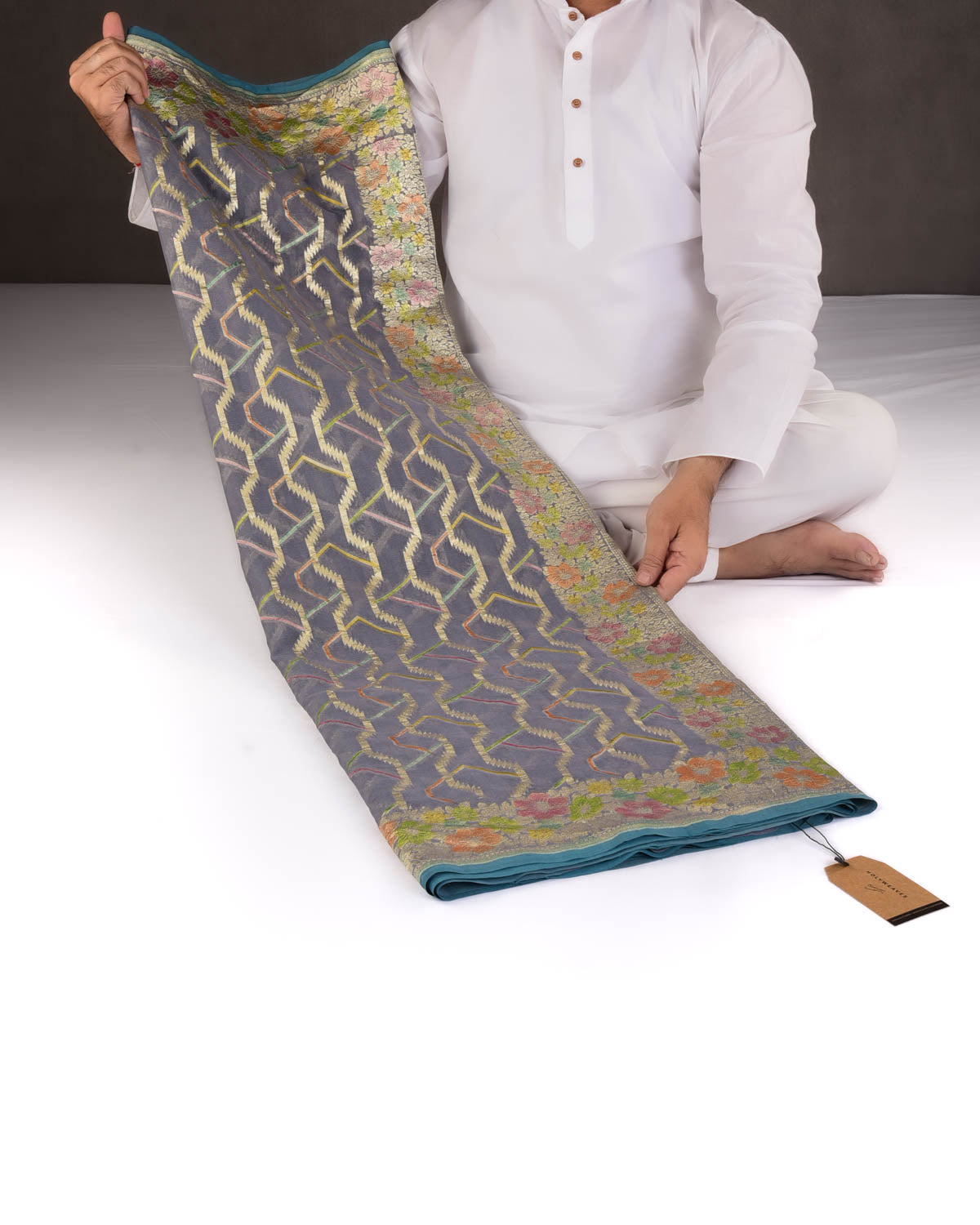 Gray Gold Zari Serrated Stripes Hand-Brush Dye Cutwork Brocade Handwoven Khaddi Georgette Banarasi Saree-HolyWeaves