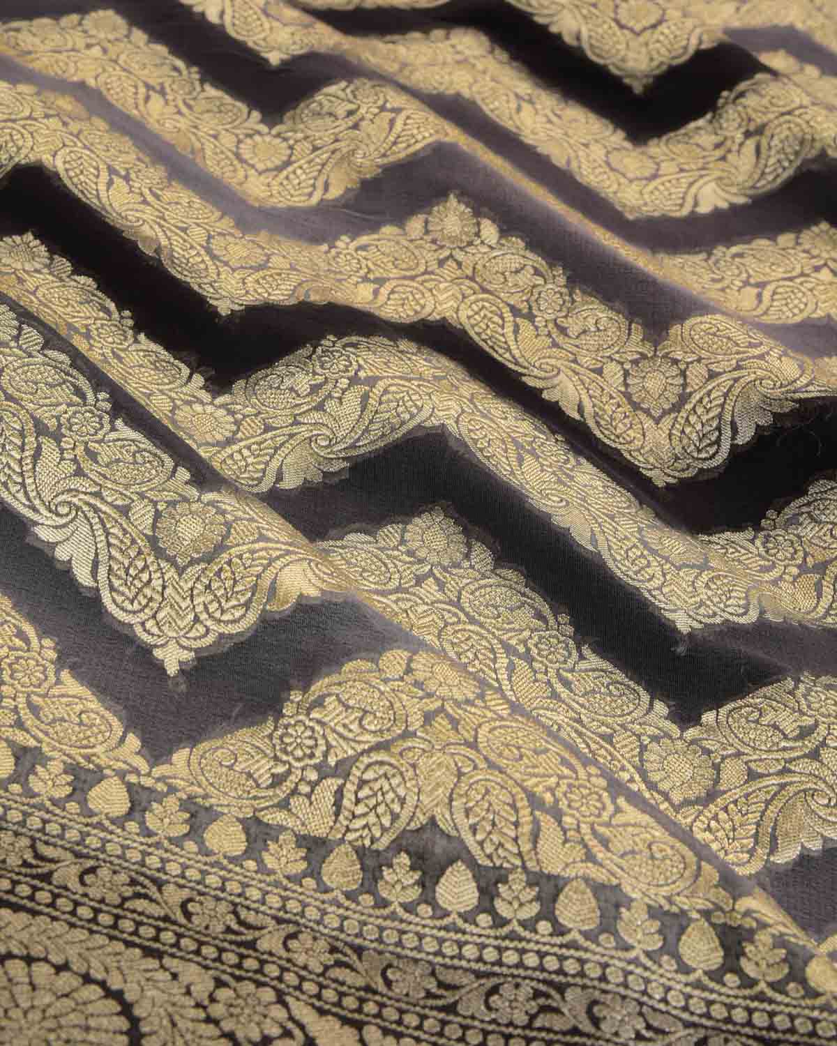 Ombre Gray Gold Zari Ornament Chevron Cutwork Brocade Handwoven Khaddi Georgette Banarasi Saree-HolyWeaves