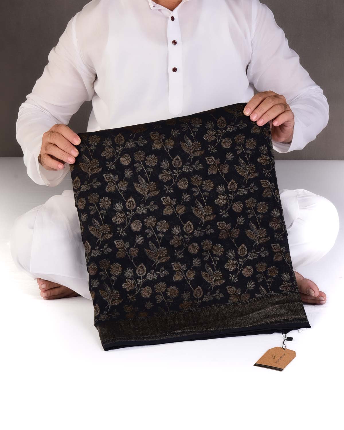 Black Antique Zari Jaal Cutwork Brocade Handwoven Khaddi Georgette Banarasi Saree-HolyWeaves