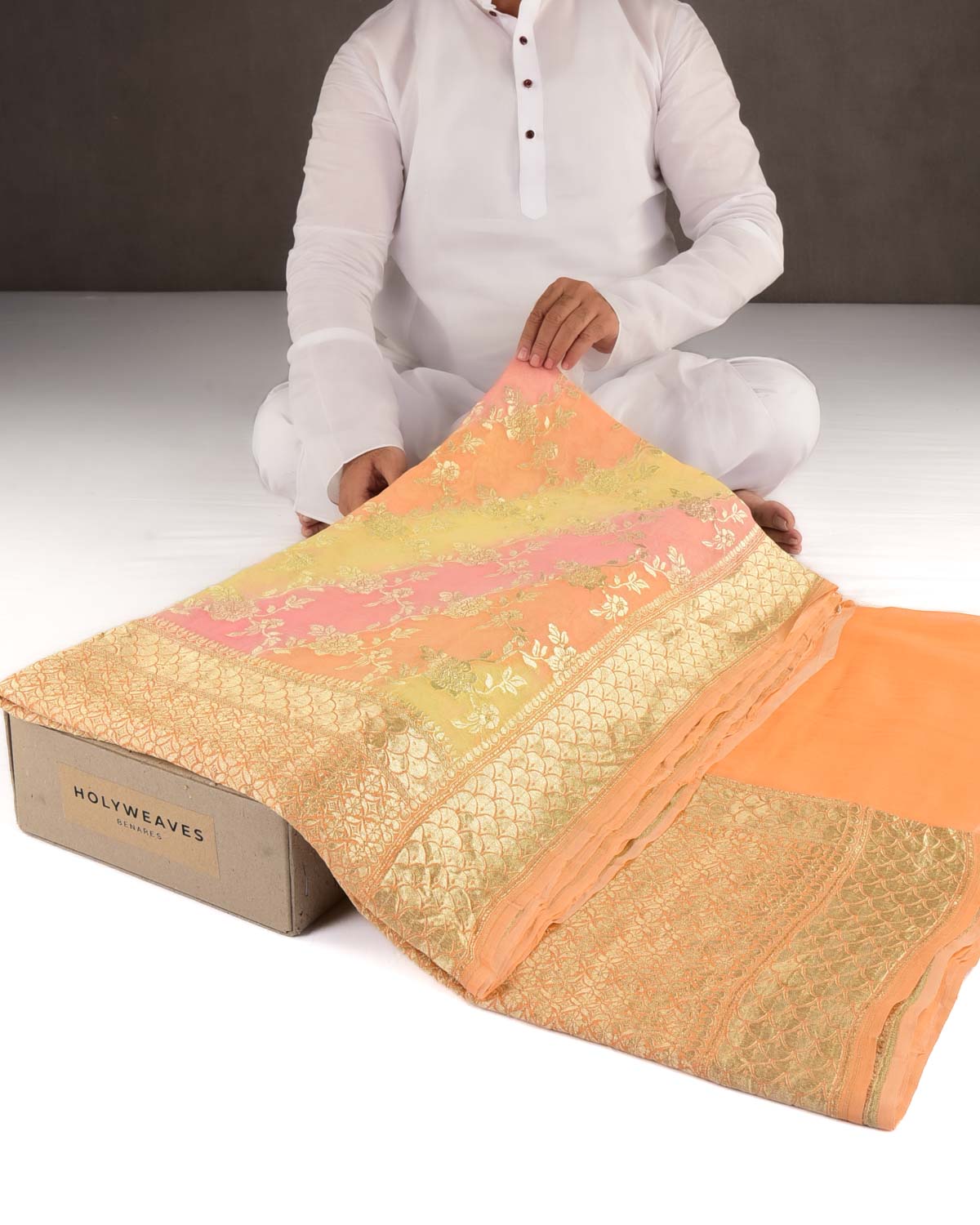 Ombre Pink, Yellow & Peach Banarasi Gold Zari Leheriya Jaal Cutwork Brocade Handwoven Khaddi Georgette Saree-HolyWeaves