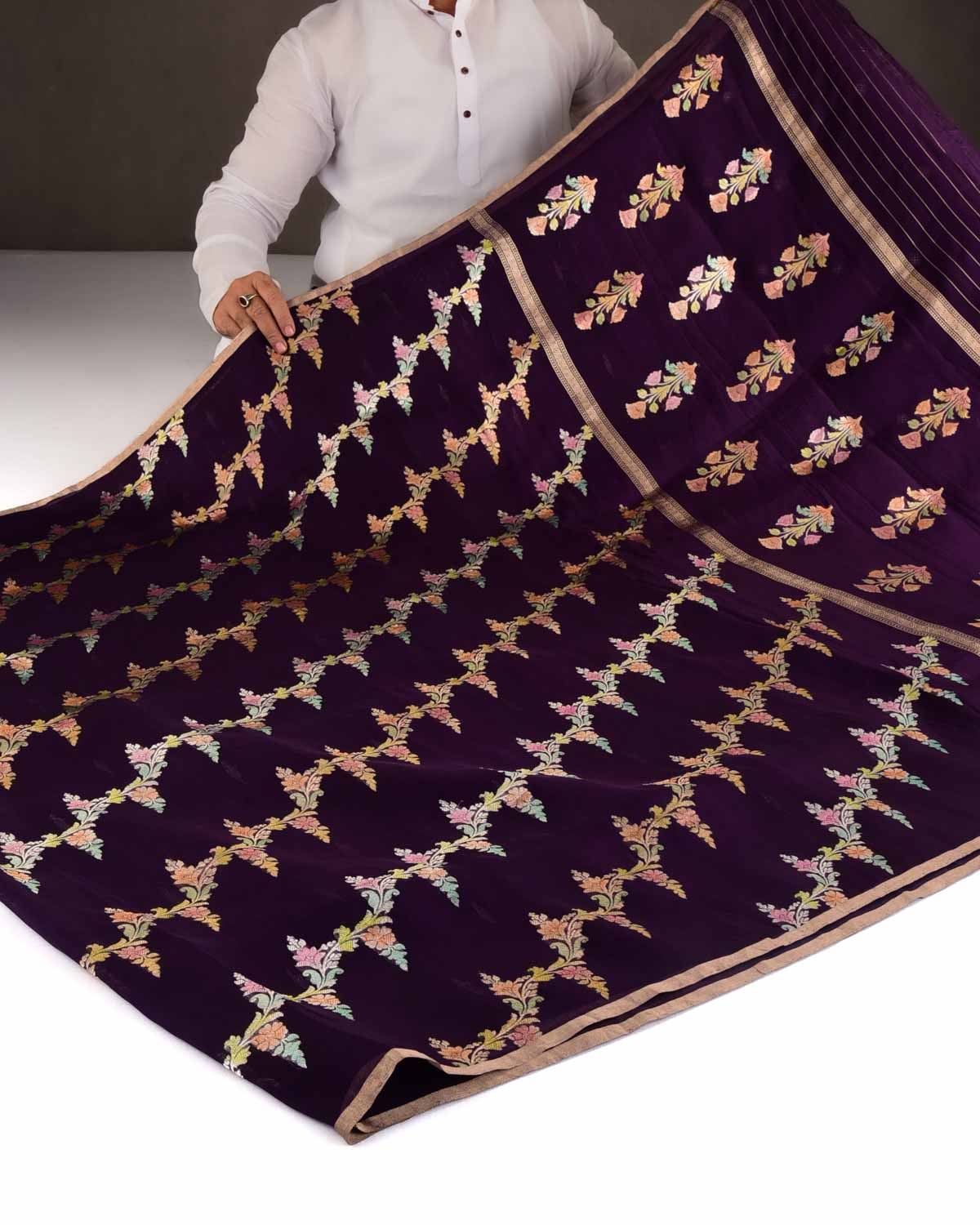 Purple Banarasi Multi-color Handbrush Gold Zari Kadhuan Brocade Handwoven Kora Silk Saree-HolyWeaves